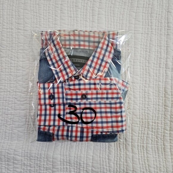Prejuicio Demin Long Sleeve Shirt Men's S Small Red White Blue Button Pockets LN - Picture 13 of 13